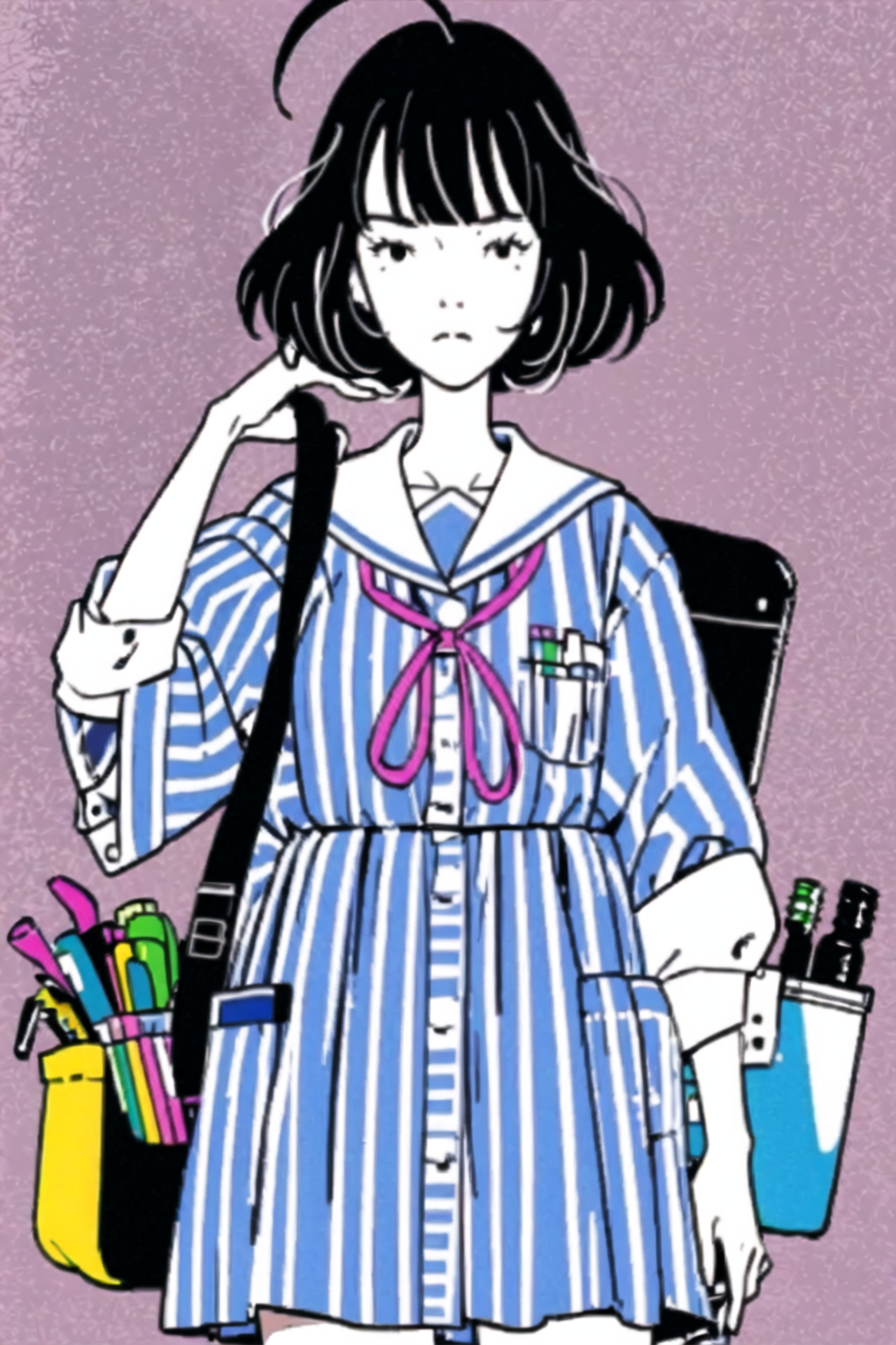 100616-876063469-short hair,1girl,striped shirt,striped,bag,solo,ribbon,book,pink ribbon,vertical stripes,upper body,long sleeves,bottle,_lora_Na.png
